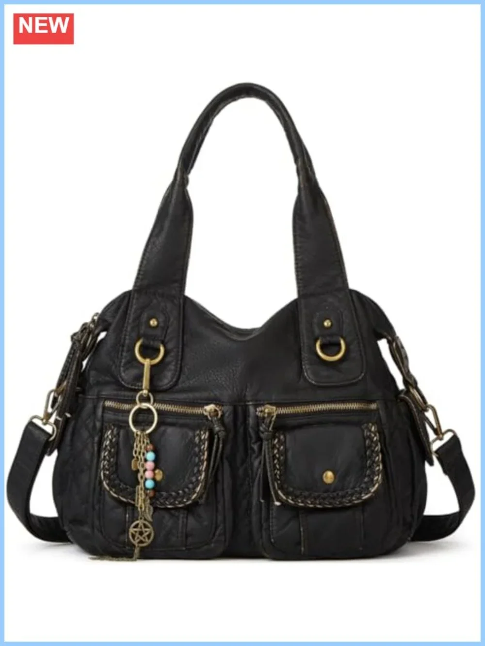 Women's Hobo Purse Vegan Leather Multi Pocket Tote Shoulder Bag